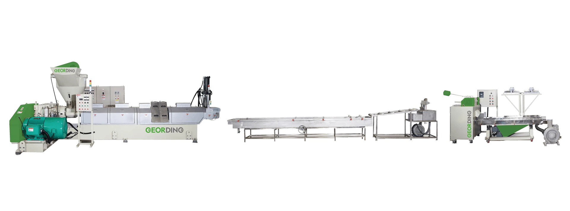 Full panorama of a GEORDING industrial PET bottle recycling production line featuring silos, control panels, and extrusion systems.