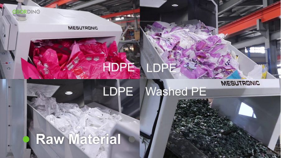 HDPE, LDPE, and washed PE plastic materials sorted for recycling.